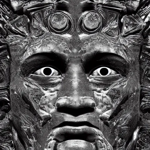 Image similar to a face carved of black marble blending into a black background. expressive eyes. symmetry. epic. ominous shapes. lighting from the bottom. trending on artstation