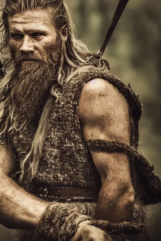 Image similar to realistic photograph of a rugged viking man in the middle of battle, highly detailed, cinematic, portrait, close - up,