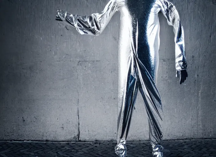 Image similar to man wrapped in foil standing on a buss cenimatic photography