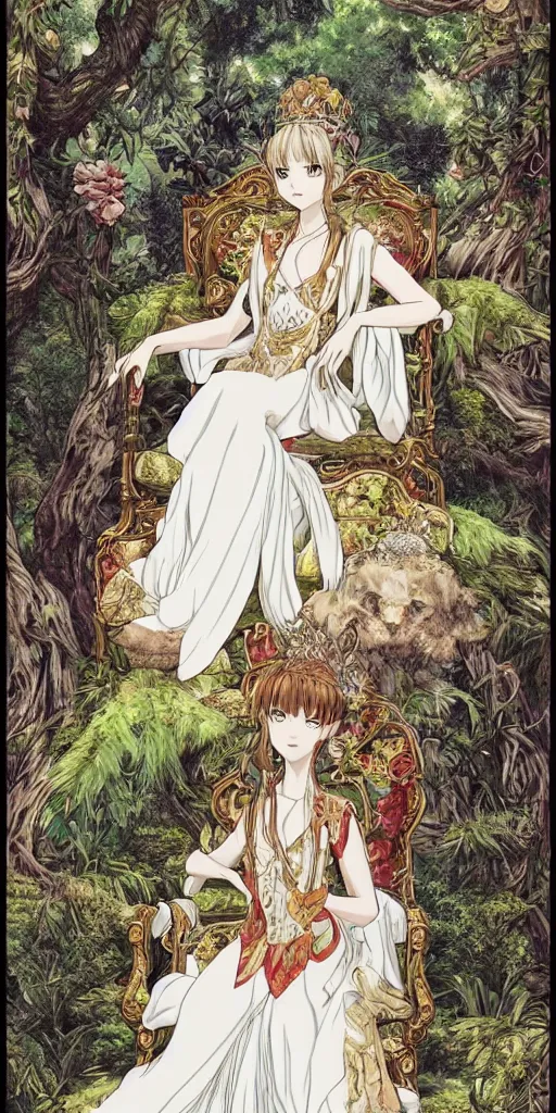Prompt: an highly detailed magical empress sitting by herself on a sofa in a forest wearing a white robe drawn by cloverworks studio, elegant and beautiful, tarot card, Tarot card the empress, rich colors
