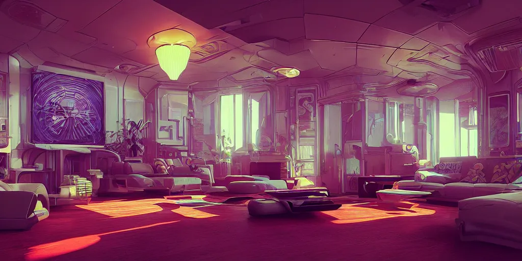 Prompt: 80s futuristic retro living room:: by beeple and James Gilleard and Justin Gerard :: ornate, dynamic, particulate, intricate, elegant, highly detailed, centered, artstation, smooth, sharp focus, octane render, 3d