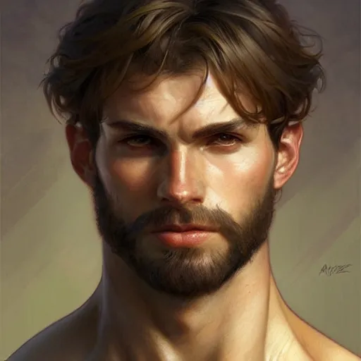 Prompt: portrait of rugged young male ranger muscular fantasy intricate elegant headshot portrait detailed face coherent face highly detailed digital painting artstation concept art smooth sharp focus illustration art by artgerm and greg rutkowski and alphonse mucha