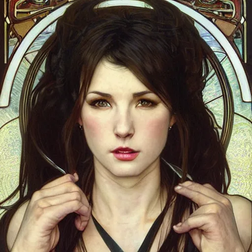 Image similar to Portrait of Tifa Lockheart with long dark brown hair and a white short top and black suspenders and kickboxing gloves drawn by Donato Giancola and Tom Bagshaw, face by Artgerm, overall design by Alphonse Mucha, background by James Jean and Gustav Klimt, light by Julie Bell, 4k, porcelain skin, komorebi, french nouveau, trending on artstation, octane render, hyperrealistic