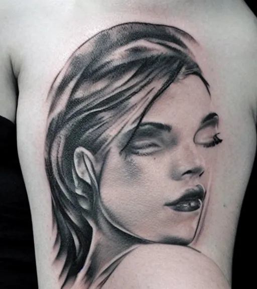 Image similar to tattoo design sketch of an extremely beautiful woman face next to a faded background of beautiful mountains on her side, hyper - realistic, double exposure effect, in the style of matteo pasqualin, amazing detail, black and white, faded