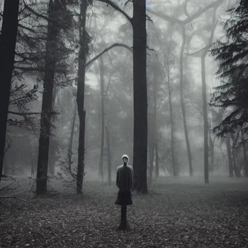 Image similar to an old worn photo of a tall pale creature deep in a dark foggy forest