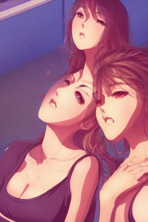 Image similar to two beautiful mothers sitting on a hot summer evening, gorgeous faces, thick lines, cinematic lighting, detailed anime art