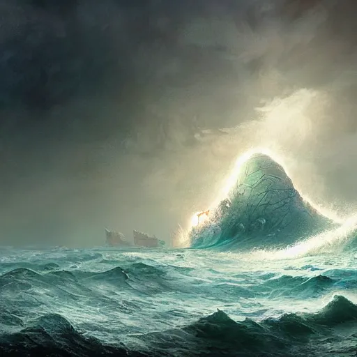 Image similar to tsunami attack, sea, epic fantasy style, in the style of Greg Rutkowski, mythology artwork