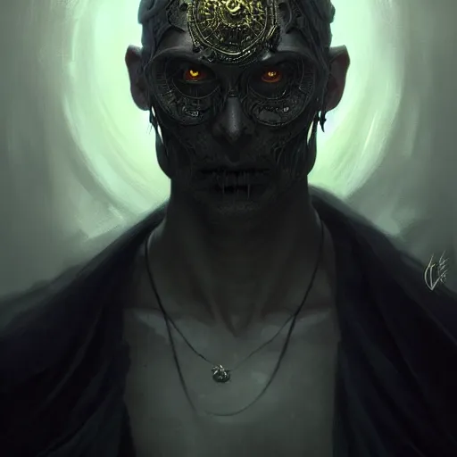 Image similar to Portrait of spooky man, D&D, black eyes, face, dark fantasy, intricate, elegant, highly detailed, digital painting, artstation, concept art, smooth, sharp focus, illustration, art by artgerm and greg rutkowski and alphonse mucha