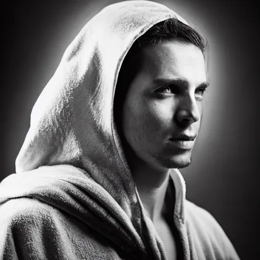 Prompt: professional close - up portrait of bohemian jewish prophet in his 2 0 s wearing a white hooded wizards robe and holding a staff. cinematic, epic framing, deep emotion