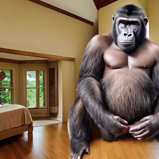 Prompt: a real estate home interior photo. there is a giant ape trying poorly to blend into the background.