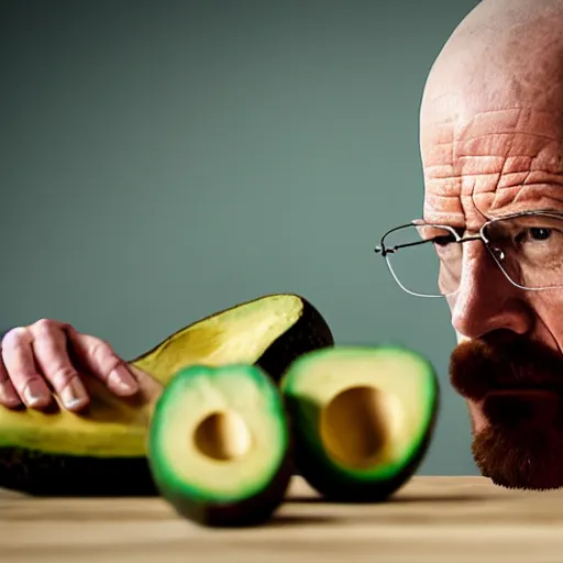 Image similar to walter white eating avacado, photography