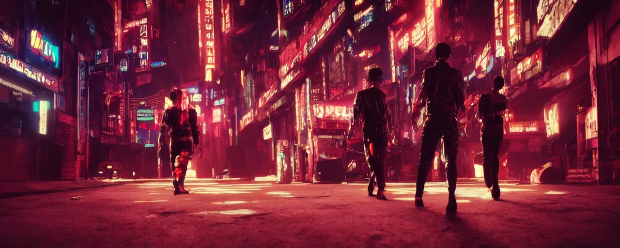 Image similar to gangster in cyberpunk night adult club, 3 5 mm, low angle, blade runner, akira, cinematic angle, cinematic lighting, reflections, action, fight
