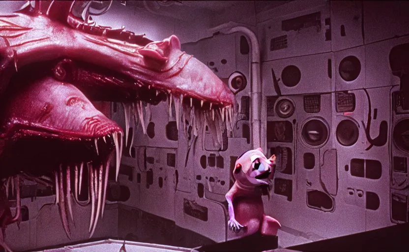 Prompt: peppa the pig infected by xenomorph from movie alien 1 9 7 9, staying at nostromo spaceship. extreme long shot, cinestill, giger, hermann nitsch, dark colors