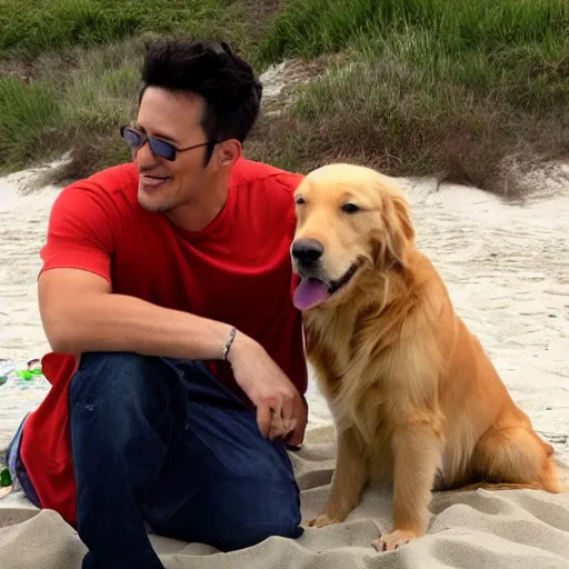 Image similar to markiplier sitting on the beach with a golden retriever. photograph. low angle. high quality.