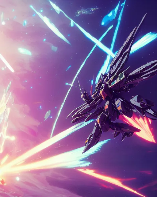 Image similar to highly detailed vfx gundam deathscythe hell fighting gundam epyon in space, unreal engine, greg rutkowski, loish, rhads, beeple, makoto shinkai and lois van baarle, ilya kuvshinov, rossdraws, tom bagshaw, alphonse mucha, global illumination, detailed and intricate environment