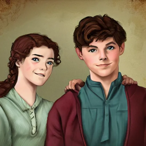 Image similar to Gilbert Blythe from anne with an e as college students, digital art