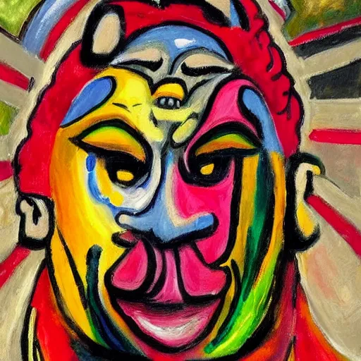 Prompt: expressionist painting of jim helwig the ultimate warrior wearing his signature face paint while lifting a gargantuan plate of tacos over his head, style of otto dix, hans mertens