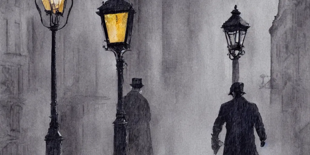 Prompt: sherlock holmes by a lamppost in a city in 1 9 th century england at night while it raining, digital painting, watercolor, 8 k, realistic, face symmetry, proportional body,