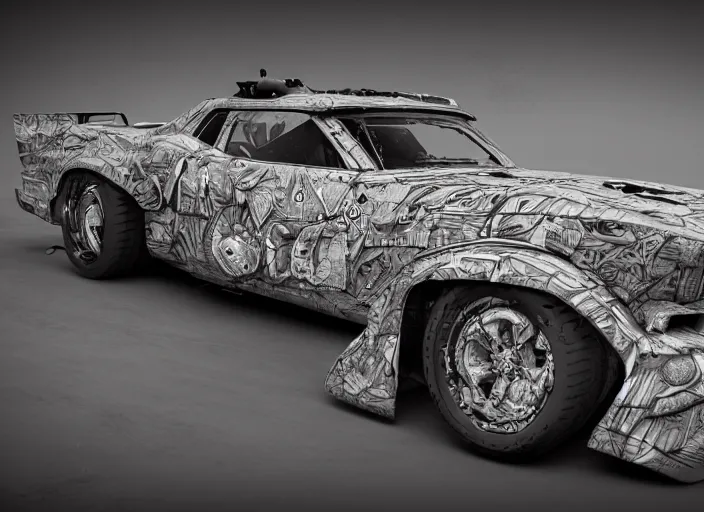 Prompt: cartoon muscle car in full intricate detail, ultra detailed, digital art, octane render, dystopian, micro details