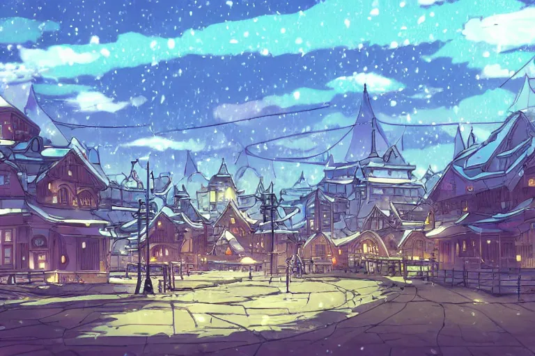 Prompt: cell shaded anime key visual of a fantasy city in the tundra, snowy, in the style of studio ghibli, moebius, makoto shinkai, dramatic lighting