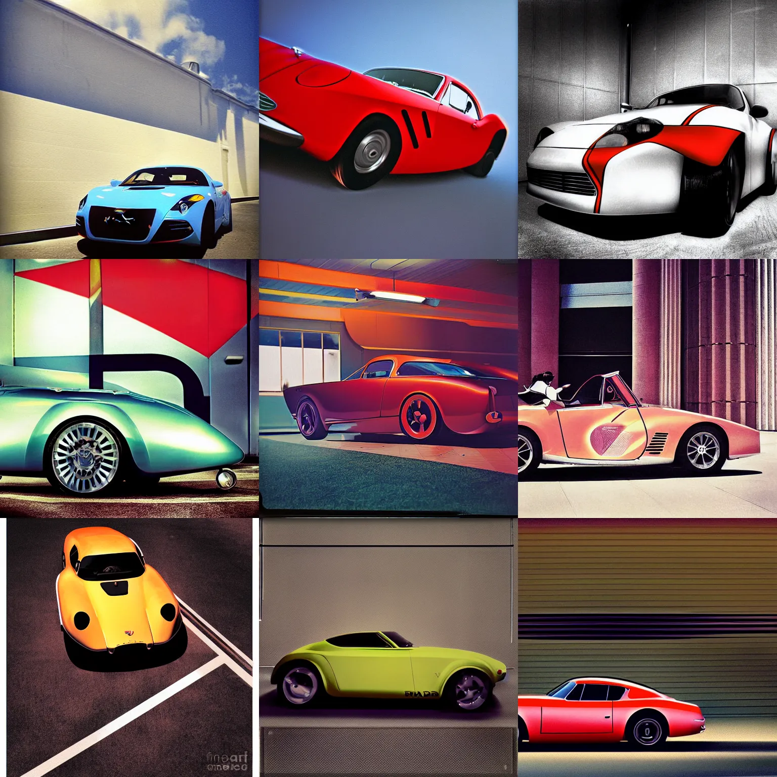 Prompt: stylized poster of a Prada sports car, ektachrome photograph, volumetric lighting, f8 aperture