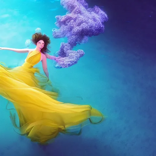 Image similar to woman dancing underwater wearing a flowing dress made of blue, magenta, and yellow seaweed, delicate coral sea bottom, swirling silver fish, swirling smoke shapes, octane render, caustics lighting from above, cinematic, hyperdetailed