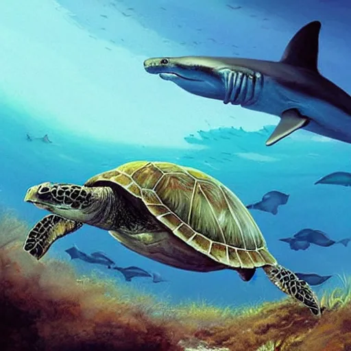 Prompt: turtle kills shark profile picture geog darrow greg rutkowski