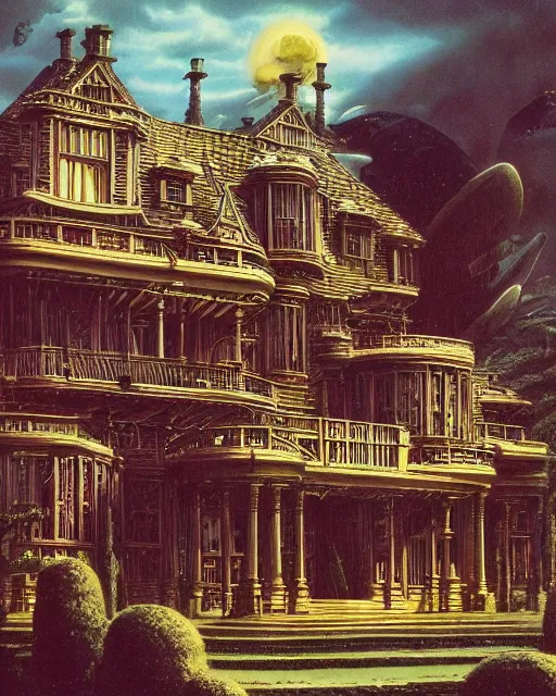 Image similar to steampunk mansion by ralph mcquarrie and frank lloyd frank lloyd and bruce pennington and ted nasmith