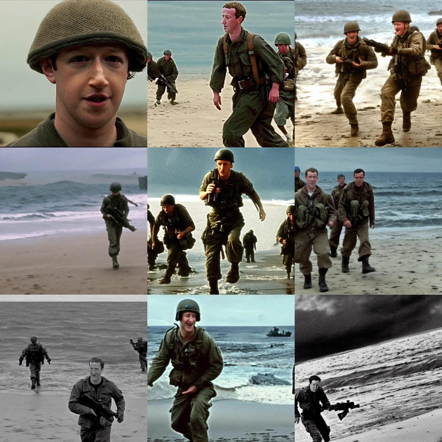 Prompt: Movie still of Mark Zuckerberg storming Omaha Beach in Saving Private Ryan, establishing shot