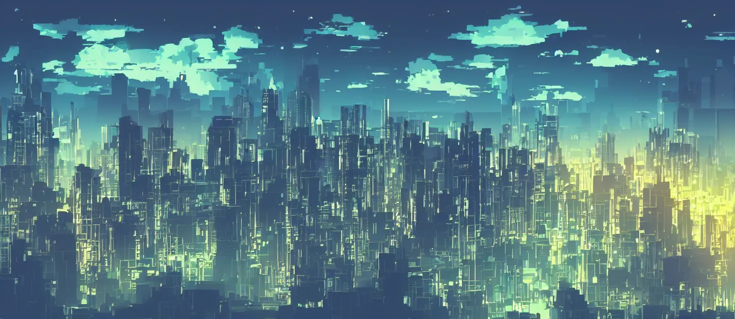 Prompt: Wide shot of a silhouette watching a sci-fi city with abstracts clouds over skyscrapers, night time, 2D, 8bits graphics, SNES game style, heavy colors compression, low saturation, very noisy, gradient, weird space, crushed quality