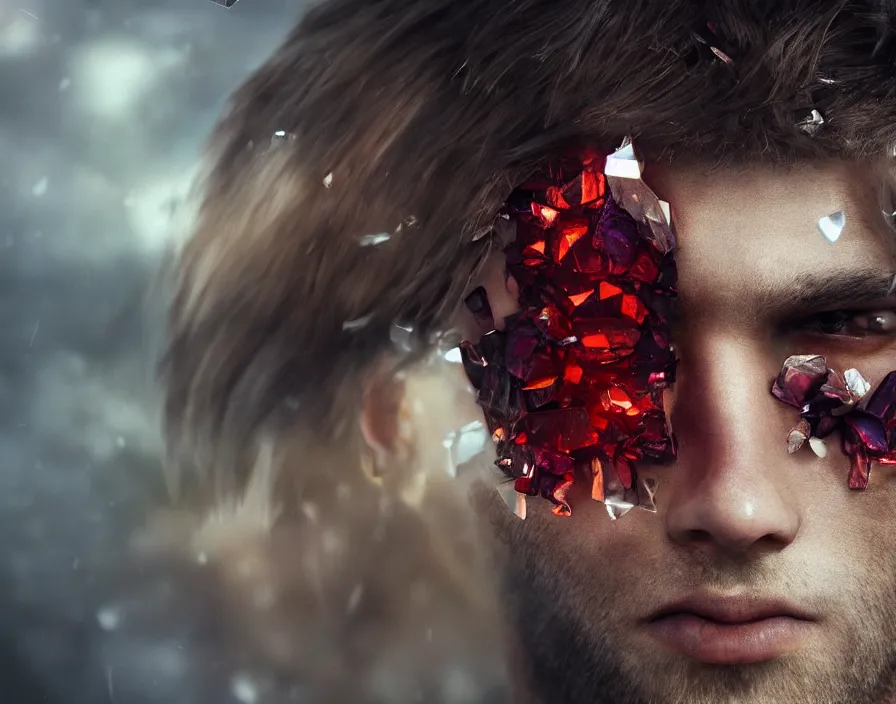 Image similar to male human face with crystal shards, realistic red eyes, brown hair, brown beard, beautiful graphics, fantasy artwork, very beautiful scenery, hd, hdr, ue 5, ue 6, unreal engine 5, cinematic 4 k wallpaper, 8 k, ultra detailed, by popular digital, details, beautiful image ever created, high resolution, artstation, award winning