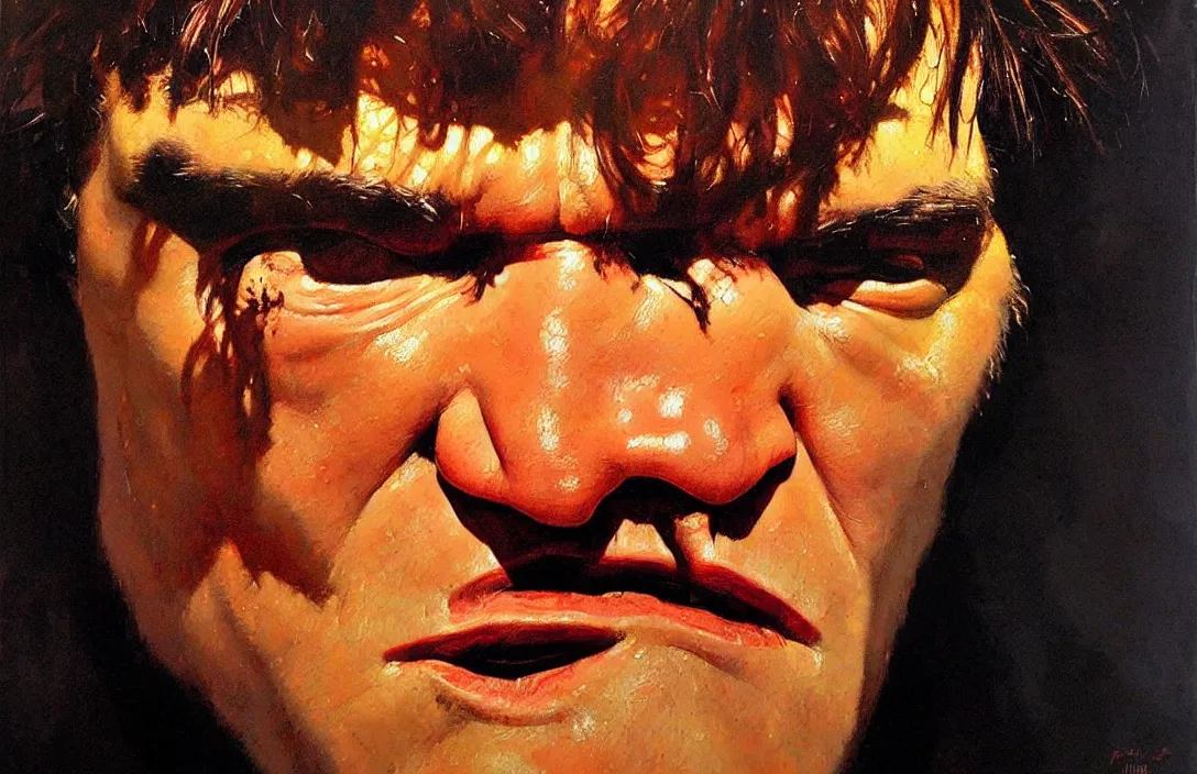 Prompt: portrait of quentin tarantino!!!!!!!!!!!!!!!!!!!!!!!!!!!, detailed face, detailed painting,, epic lighting, by ilya repin, phil hale and kent williams