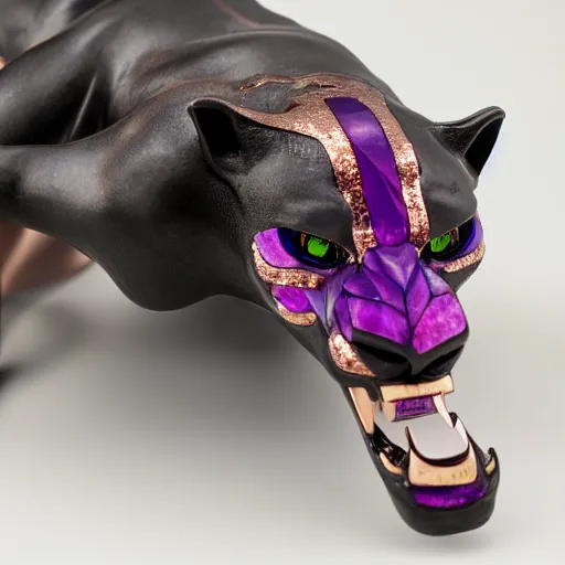 Image similar to panther with rose gold teeth and raw gems inlaid head, 3 / 4 pose, anatomical description, technically exposed, matte black, rose gold, amethyst, high coloration, ambient lightning, highly detailed, 8 k