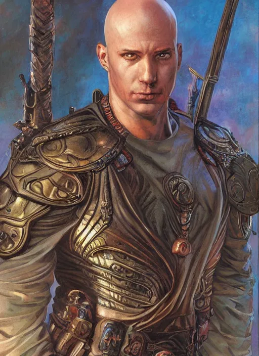 Image similar to a fantasy comic book style portrait painting of a bald male warrior, art by donato giancola and bayard wu and gustav moreau and wayne barlowe