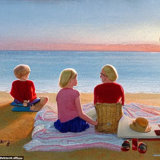 Prompt: a nine year old blonde girl and her two parents sit on a blanket at the beach and watch through sun go down in the style of Carl larsson