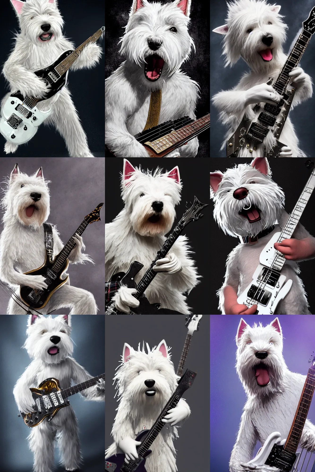 Prompt: a high detail shot of an Anthropomorphic west highland white terrier as a heavy metal guitarist, playing electric guitar, photorealism, volumetric lighting, epic lighting, artstation, hd