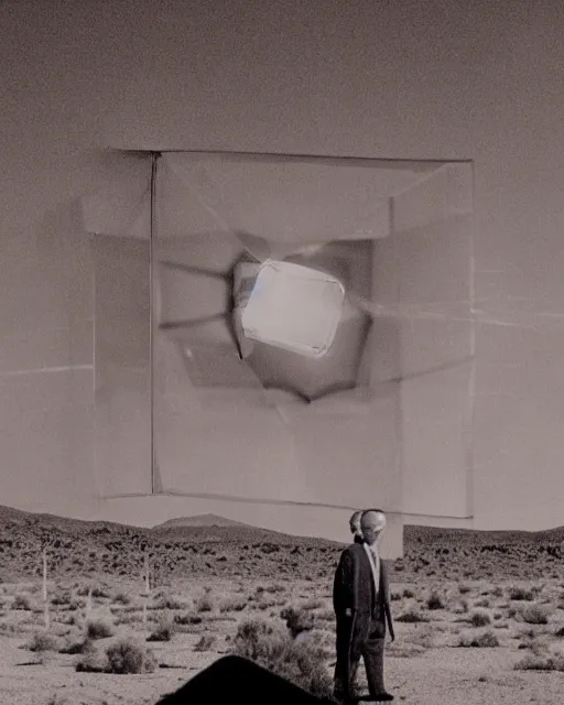 Prompt: David Lynch confronts a large clear glass cube in the californian desert, 35mm movie film