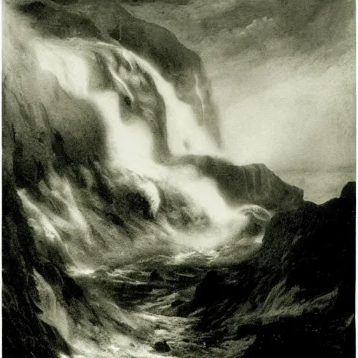 Image similar to dark and moody photo by ansel adams and peder balke, a woman in an extremely long dress made out of waterfalls