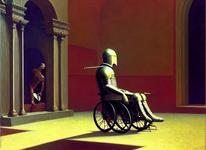 Image similar to knight in armor in a wheelchair do tricks & watch old tv, rome, highly detailed, soft lighting, elegant, by edward hopper and james gillard, zdislaw beksinski, stephen outram, andreas m wiese, carl spitzweg, highly detailed, masterpiece, unreal 6, 8 k