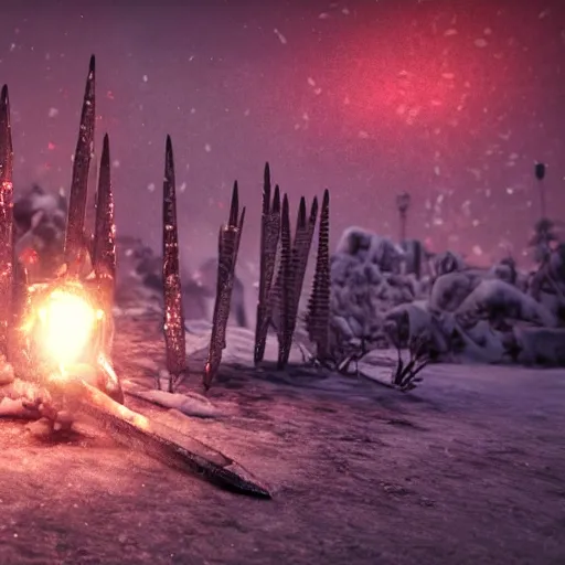 Image similar to ice spikes are summoned from the ground by magic, a group of knights in plate - armor gets impaled by bloody spikes, death on the spot, gloomy lights in the sky, octane render, unreal engine