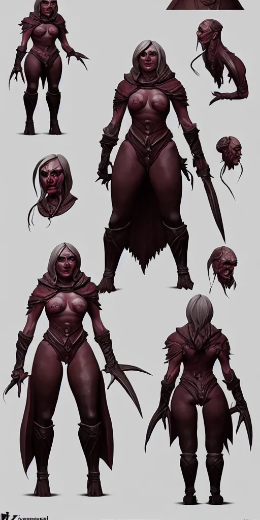 Prompt: stylized muscular heavy female grand inquisitor boss. concept art, character sheet, blizzard, eldenring, screenshot, extremely detailed, insanely detailed, stylized, zbrush, horror, bloodbourne, full body concept