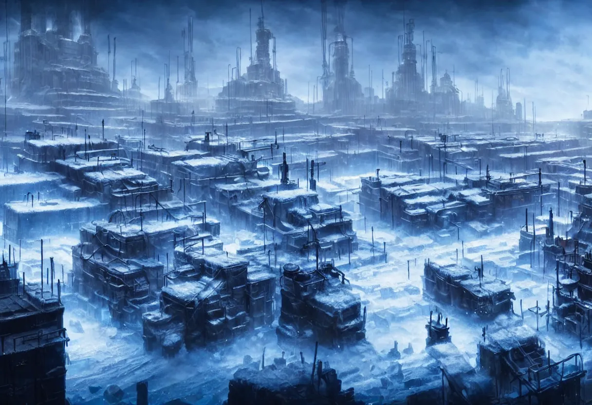 Prompt: frostpunk style concept art of frozen city with industrial machines, matte painting, beautiful render, octane render, concept art