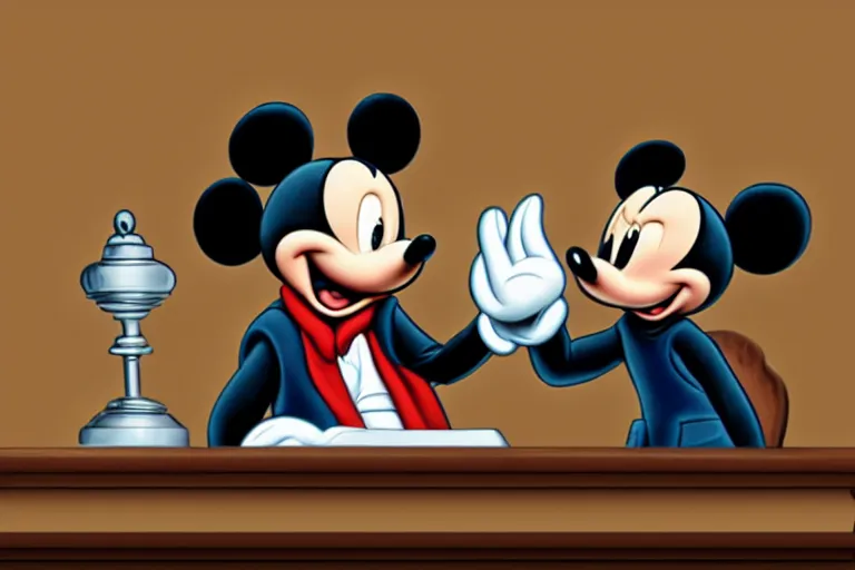 Image similar to courtroom sketch of vintage disney character mickey mouse presenting evidence of copyright infringement to the judge bench court room wooden serious dark tone