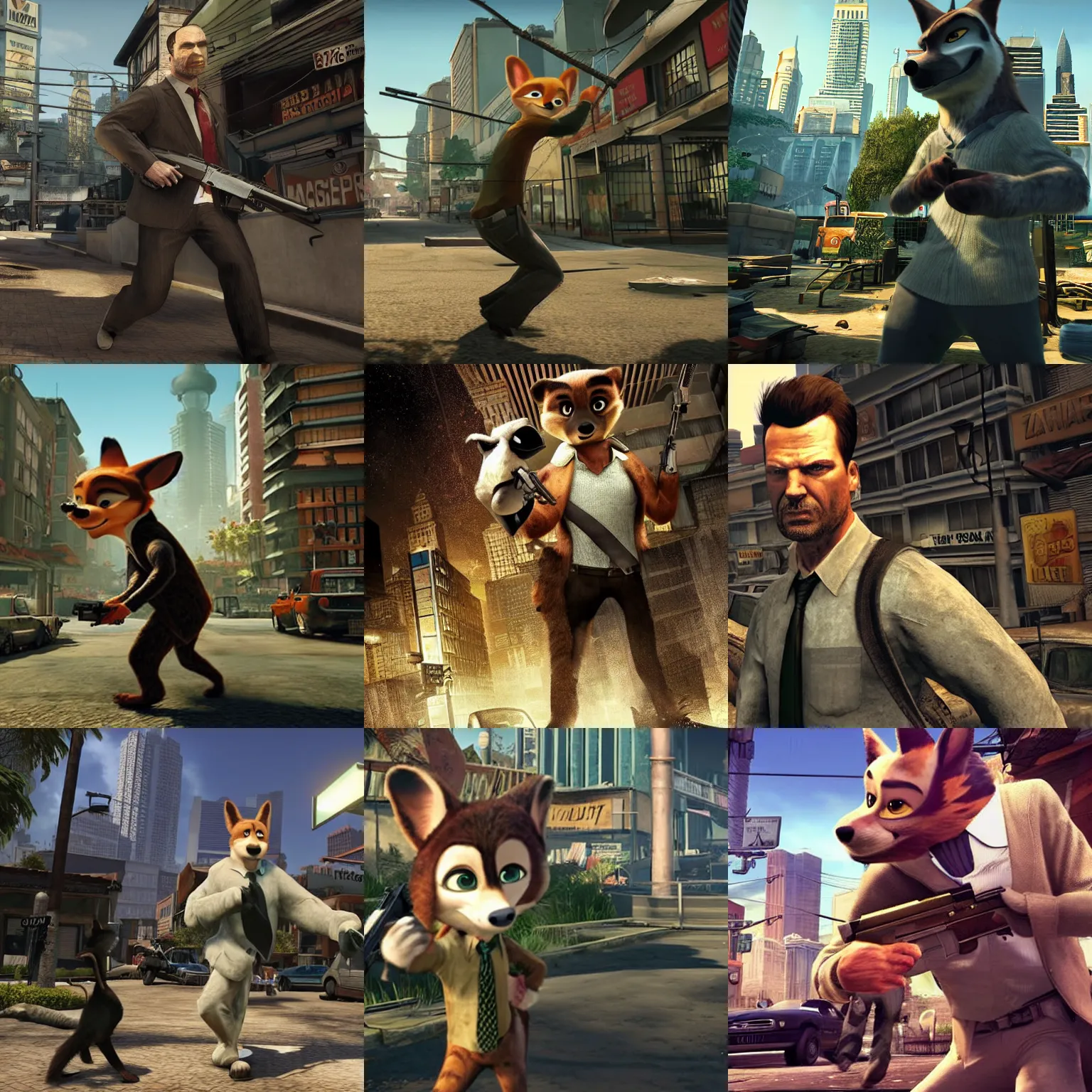 Image similar to max payne 4 set in zootopia