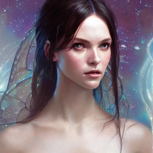 Prompt: portrait of a futuristic fairy, science fiction, smooth technology, smooth body, intricate, headshot, highly detailed, digital painting, artstation, concept art, sharp focus, cinematic lighting, illustration, art by artgerm and greg rutkowski, alphonse mucha, cgsociety
