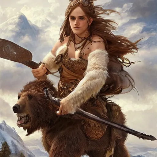 Image similar to viking barbarian emma watson riding a grizzly bear like a horse wielding a giant axe, fantasy art, hyper detailed, extremely complex, hyper realistic art by artgerm and greg rutkowski and alphonse mucha