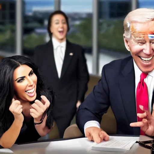 Image similar to stock photo of kim kardashian, and joe biden wearing suits and ties laughing in an office building, 8k resolution, full HD, cinematic lighting, award winning, anatomically correct