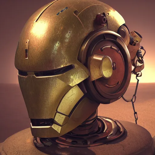 Prompt: A still life of a (rusty) robot, Pieter Claesz, William James Glackens, ((chains)), ((gears)), helmet, Iron man, Unreal Engine, Octane render