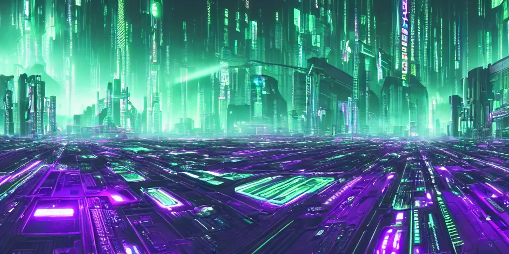 Image similar to a landscape view of a cybernetic cathedral overlooking an higway made of rows of glowing green codes and symbols, cyberpunk, beautiful detailed, cinematic, strong lighting, hi - fructose art magazine, photorealistic, 8 k, gradient cyan to purple