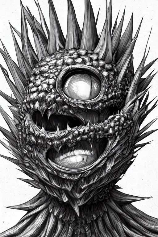 Image similar to a humanoid figure artichoke monster with large sphere eyes and a voracious mouth, highly detailed, digital art, sharp focus, trending on art station, plant, anime art style